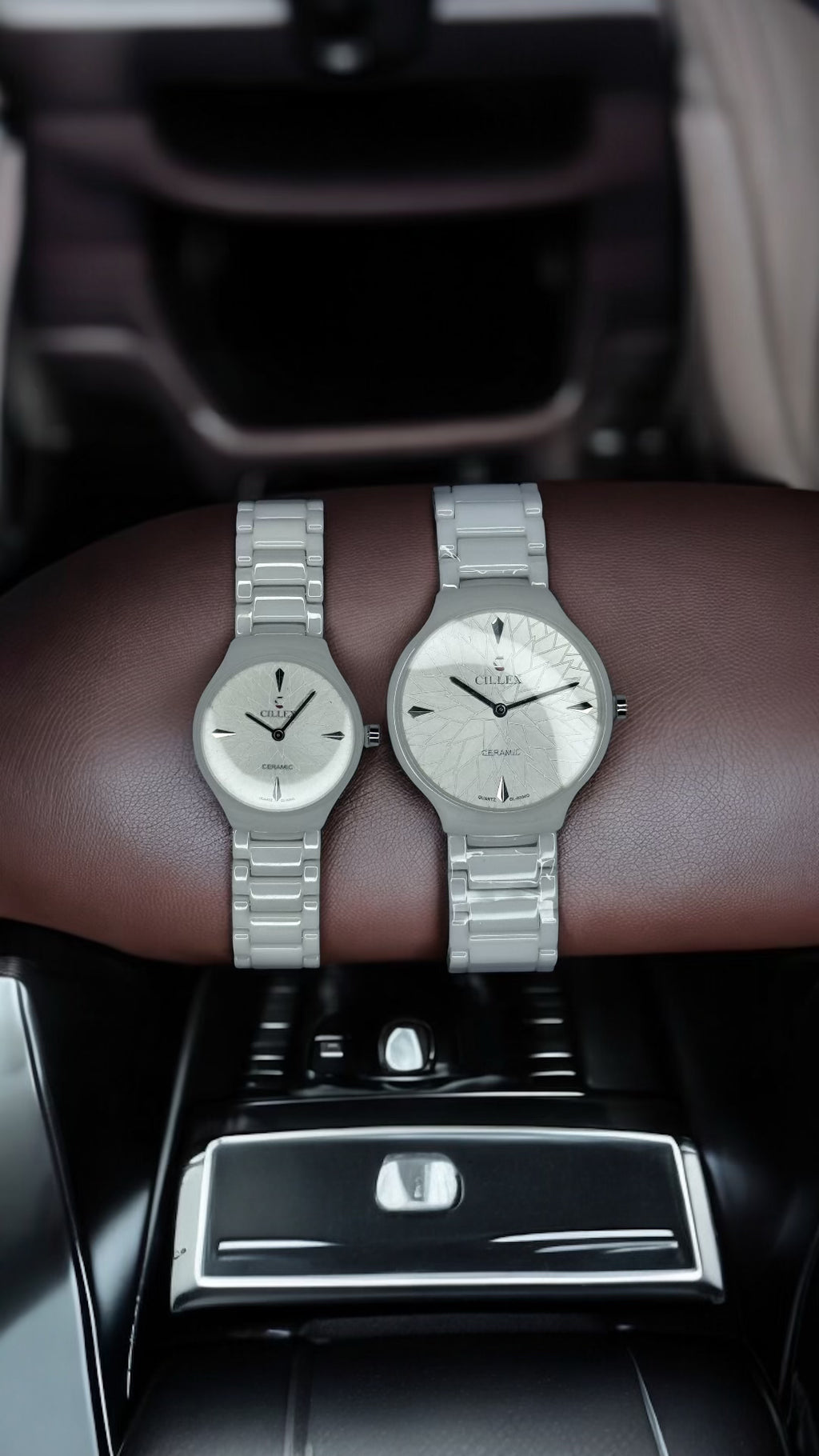 Ceramic Couple’s Watch Set – Textured Geometric Dial